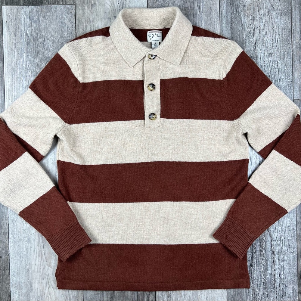 J CREW Men’s Rugged Merino Wool Blend Rugby Sweater Brown Stripes Size Small